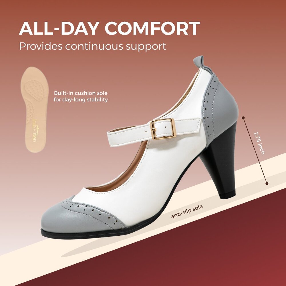 Chase & Chloe Dora-2 Women's Round Toe Two Tone Mary Jane Pumps - Picture 3 of 6